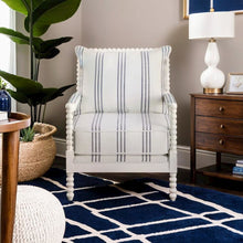 White Upholstered Accent Chair with Navy Spindle Accents for Modern Decor