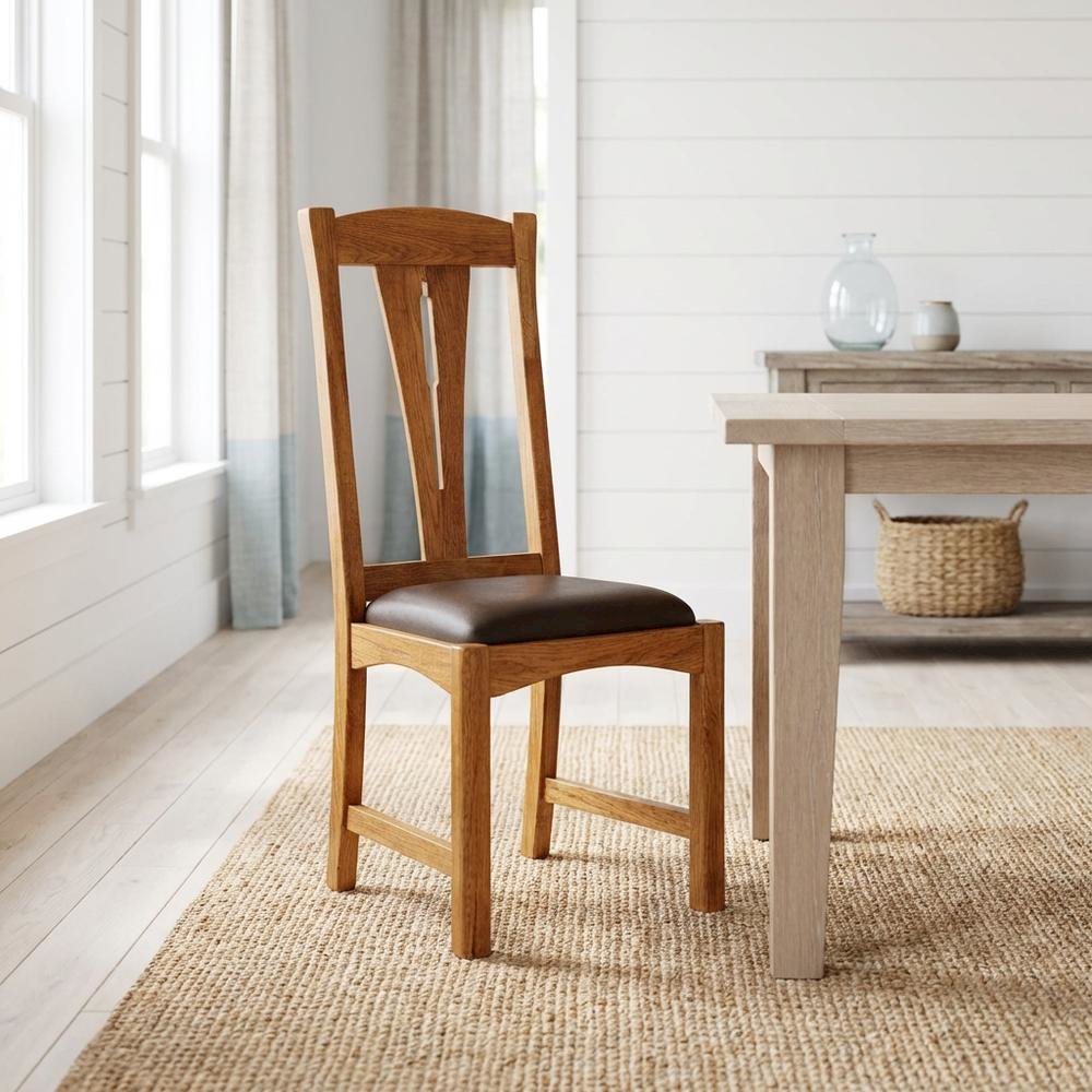Set of 2 distressed amber wood side chairs with top grain leather seats