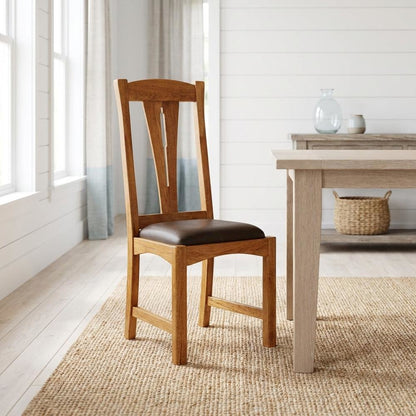 Set of 2 distressed amber wood side chairs with top grain leather seats