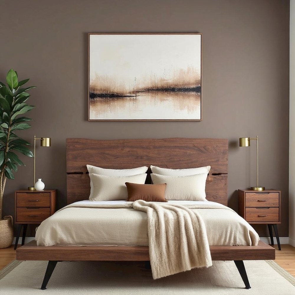 Solid Acacia King Bed Frame and Headboard with Steel Legs, Wooden Bed Frame