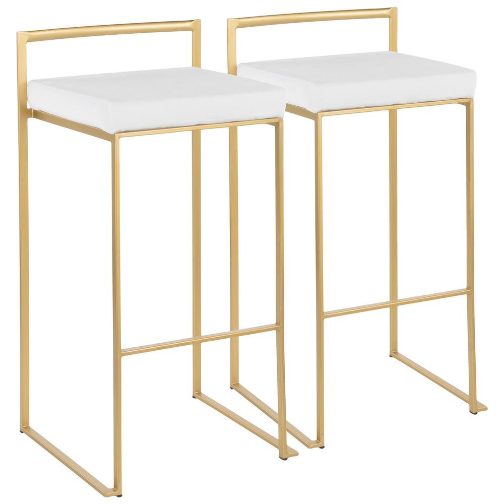 Gold stackable barstools with white velvet cushions, set of 2