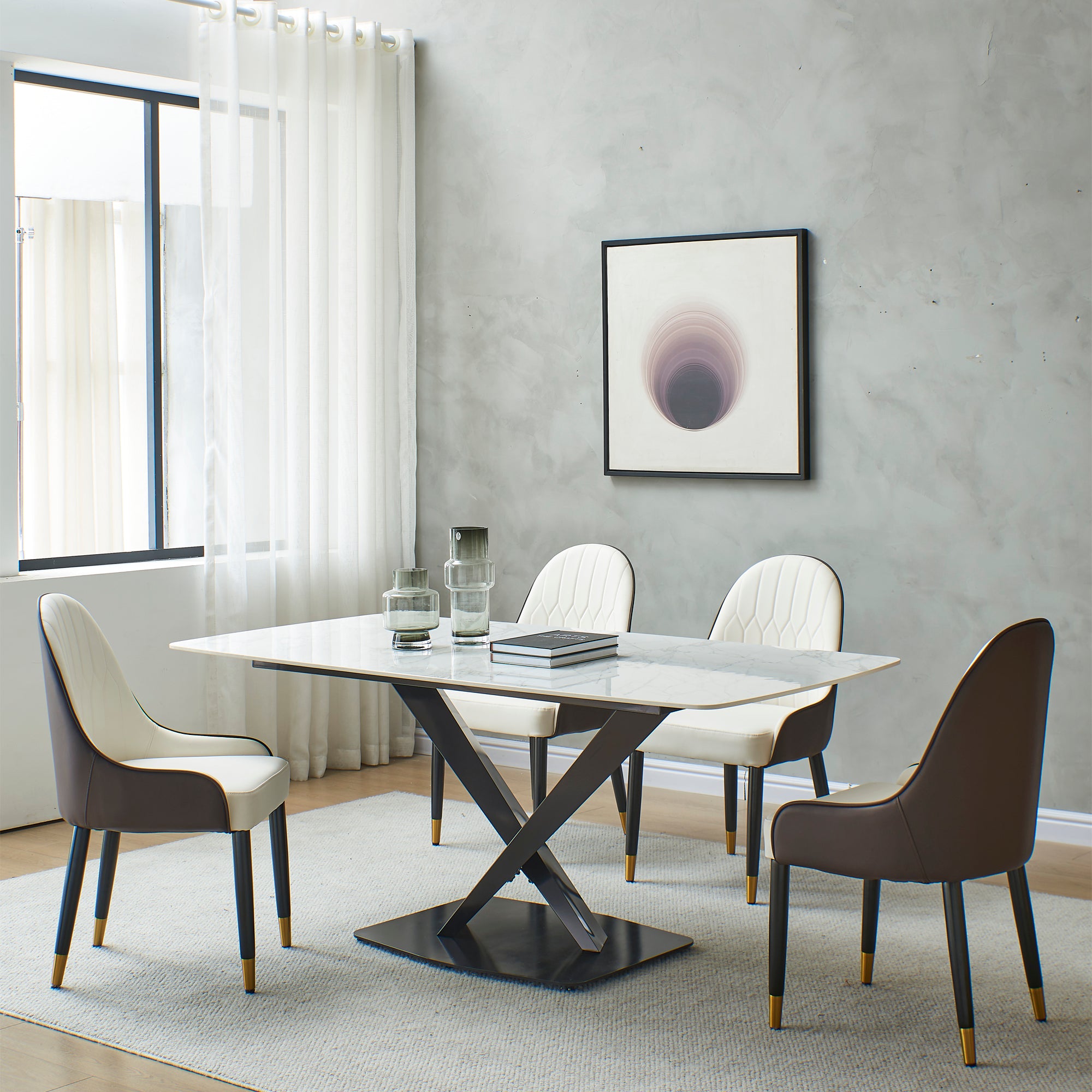 Sintered stone dinning table with 6 pcs Chairs ,Carrara white color , Modern Dinning table 63inch with solid black frame