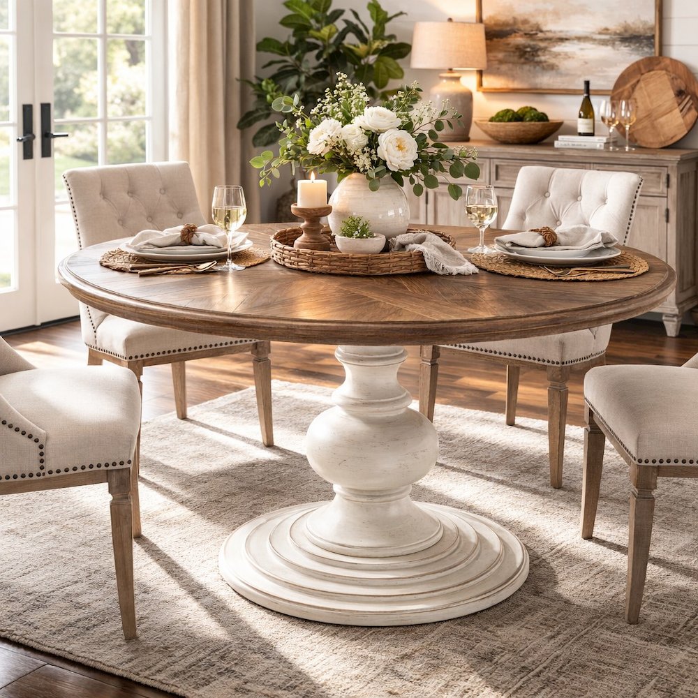 Brown Round Pedestal Dining Table with Wood Veneer and MDF Top
