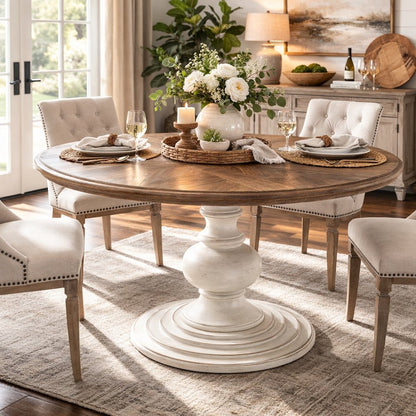 Brown Round Pedestal Dining Table with Wood Veneer and MDF Top