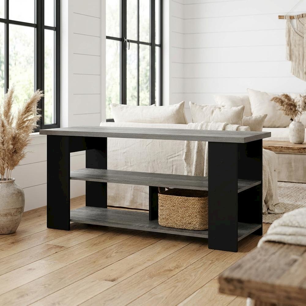 Wooden TV stand, up to 50-inch screens, modern French oak grey, black finish