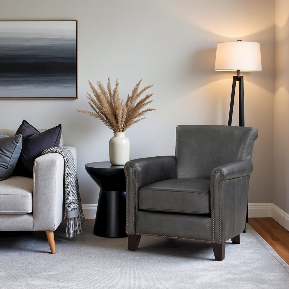 Elegant Burnish Gray Leather Accent Chair with Arm Rest and Nailheads Trim