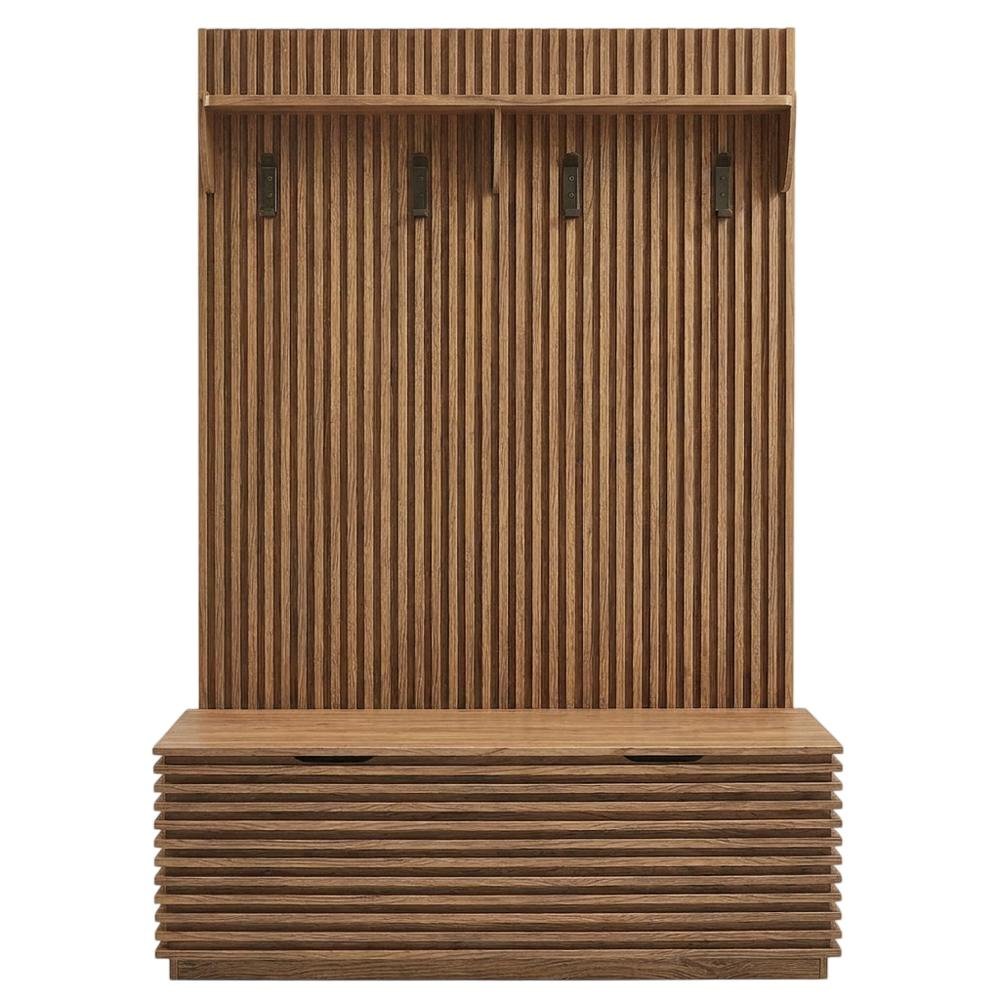 Fluted Hall Tree with Storage Bench, Coat Rack & Shoe Storage, Entryway, Walnut
