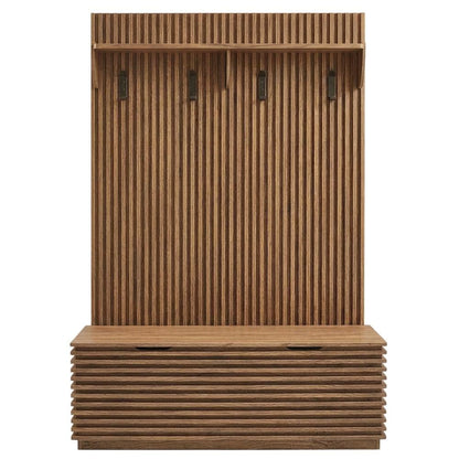 Fluted Hall Tree with Storage Bench, Coat Rack & Shoe Storage, Entryway, Walnut