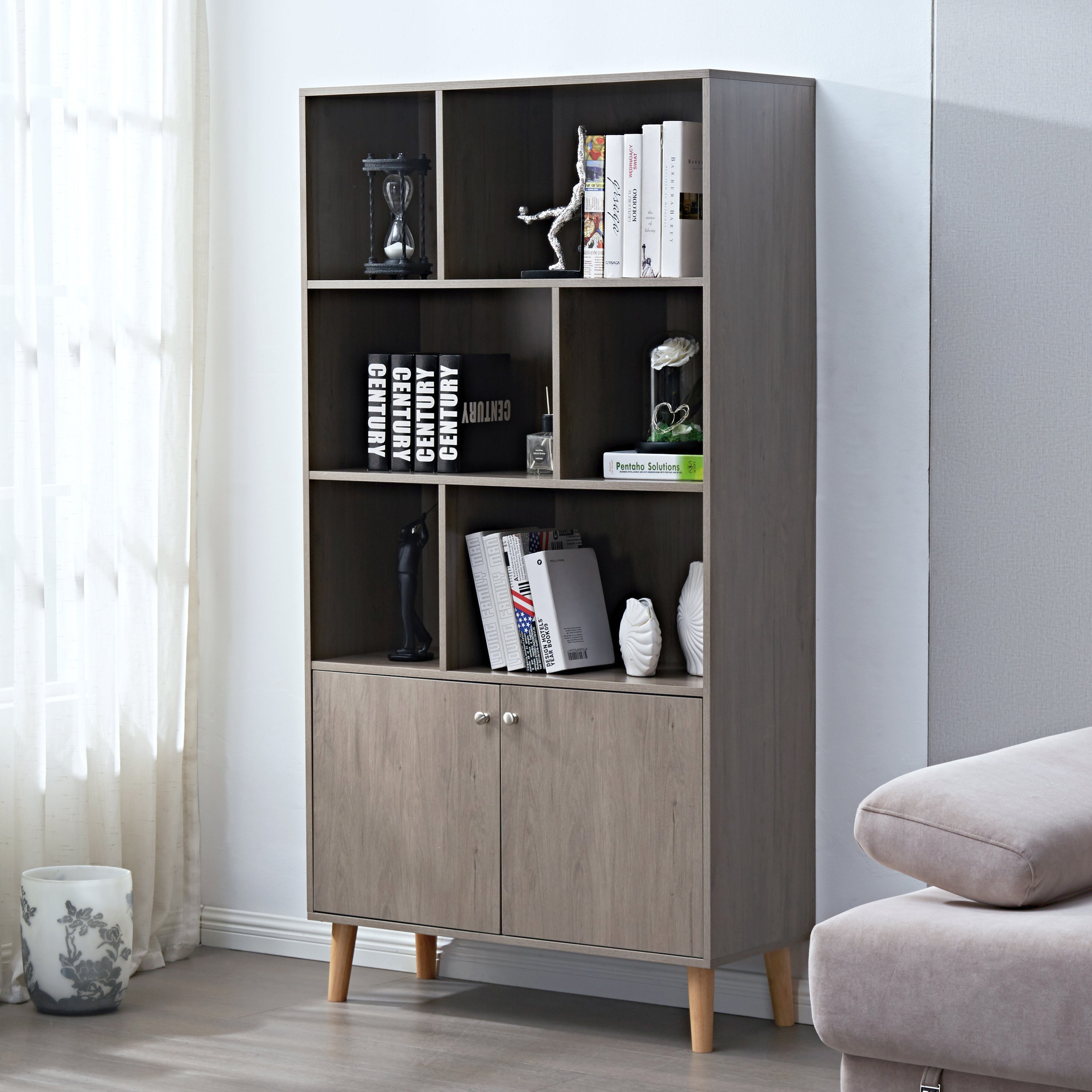 67" Bookcase with Doors, 3-tier Bookshelf, Gray Oak