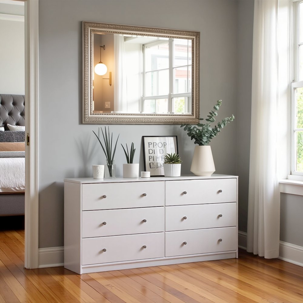 Furnifact -  White Dresser for Bedroom – Modern 6 Drawer Dresser with Spacious Storage – Sleek White Dresser and Bedroom Dresser for Clothes and Essentials