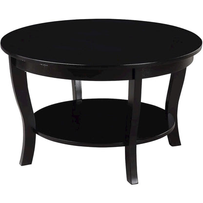 Elegant Black Round Coffee Table with Shelf, MDF Solid Rubberwood Material