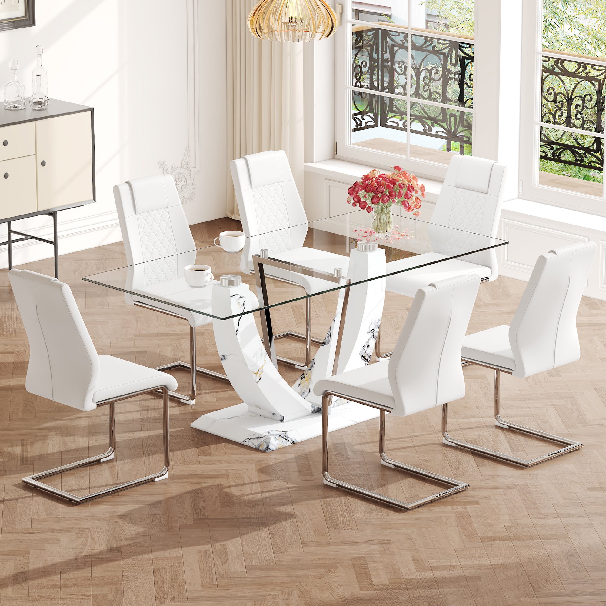 Table and chair set, large modern rectangular glass table, can accommodate 6-8 people, equipped with a 0.39-inch tempered glass tabletop and MDF table legs.Paired with comfortable and soft chairs.