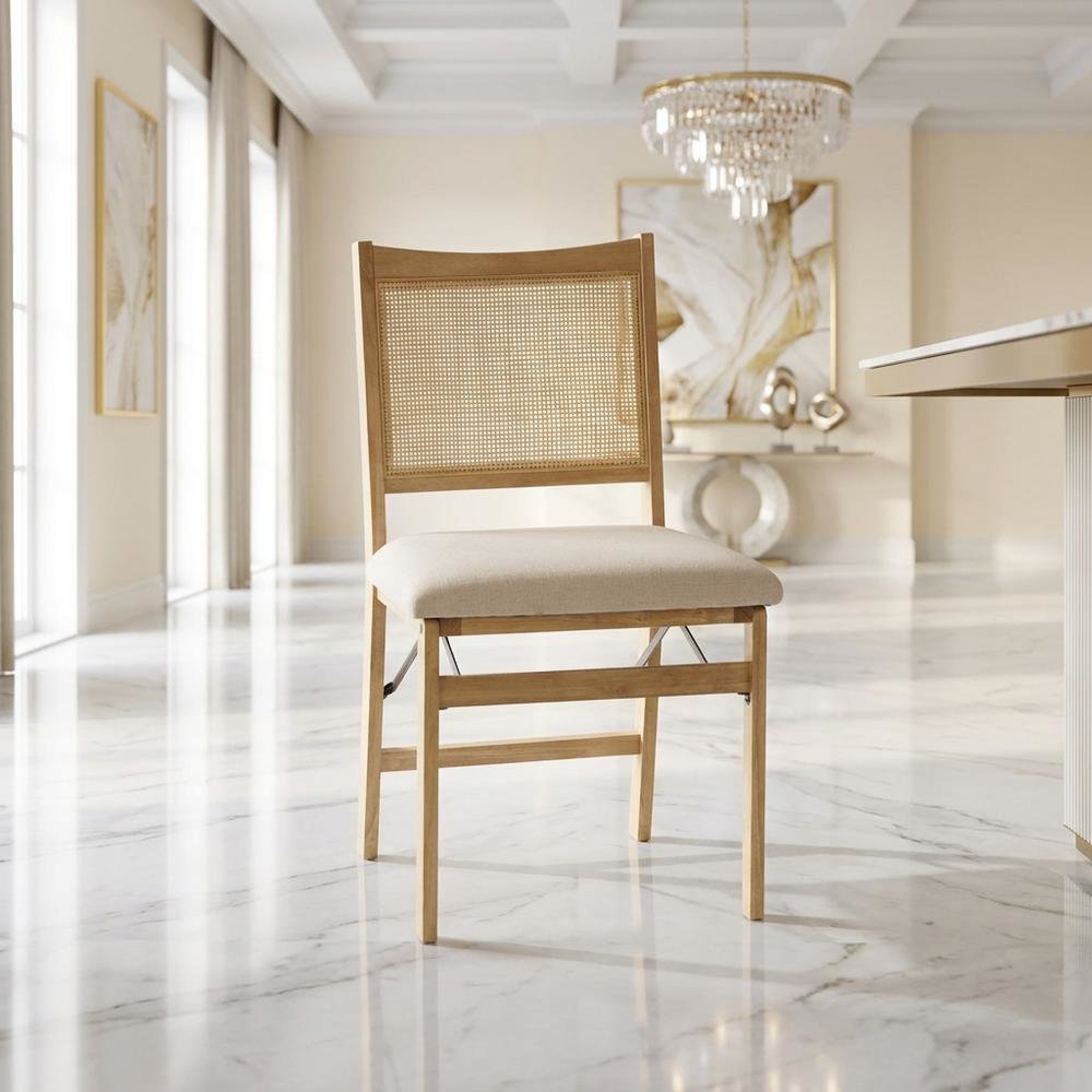 Beige Rattan Cane Folding Dining Side Chair with Polyester Fabric Seat