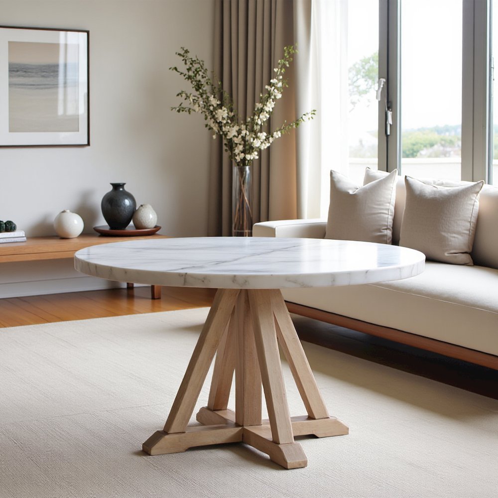 White Marble and Natural Wood Round Dining Table for Kitchen or Dining Room