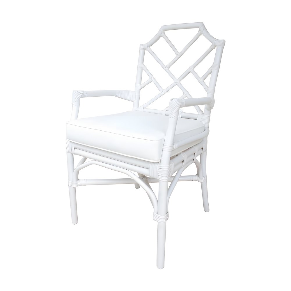 Fabric Upholstered Rattan Armchair with Chinese Chippendale Shield Back, White