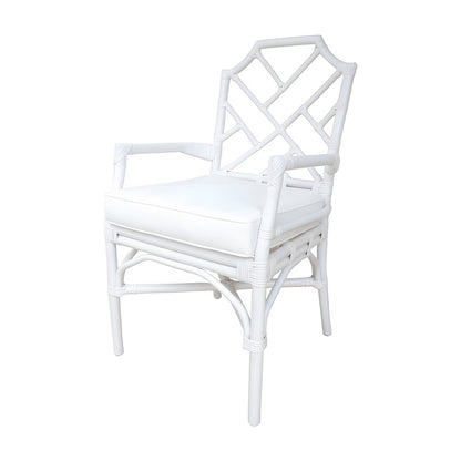 Fabric Upholstered Rattan Armchair with Chinese Chippendale Shield Back, White