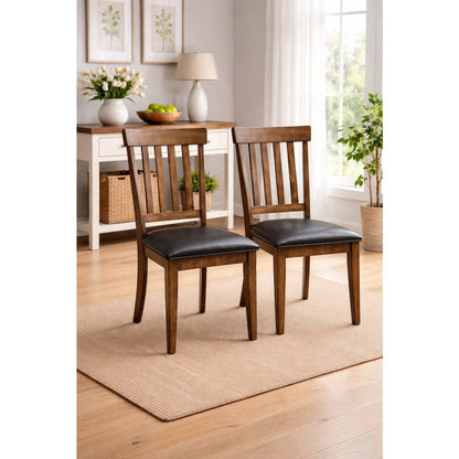 Rustic Whiskey Slatback Dining Chairs with Faux Leather Upholstery