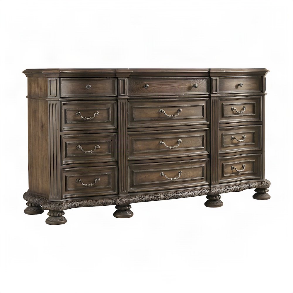 Pecan Veneer Home Office Credenza with Twelve Drawers, Rustic Walnut