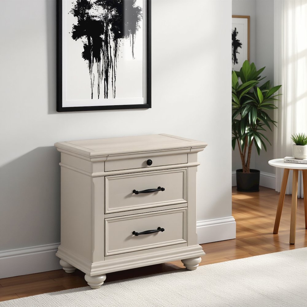White 3-Drawer Nightstand with USB Ports