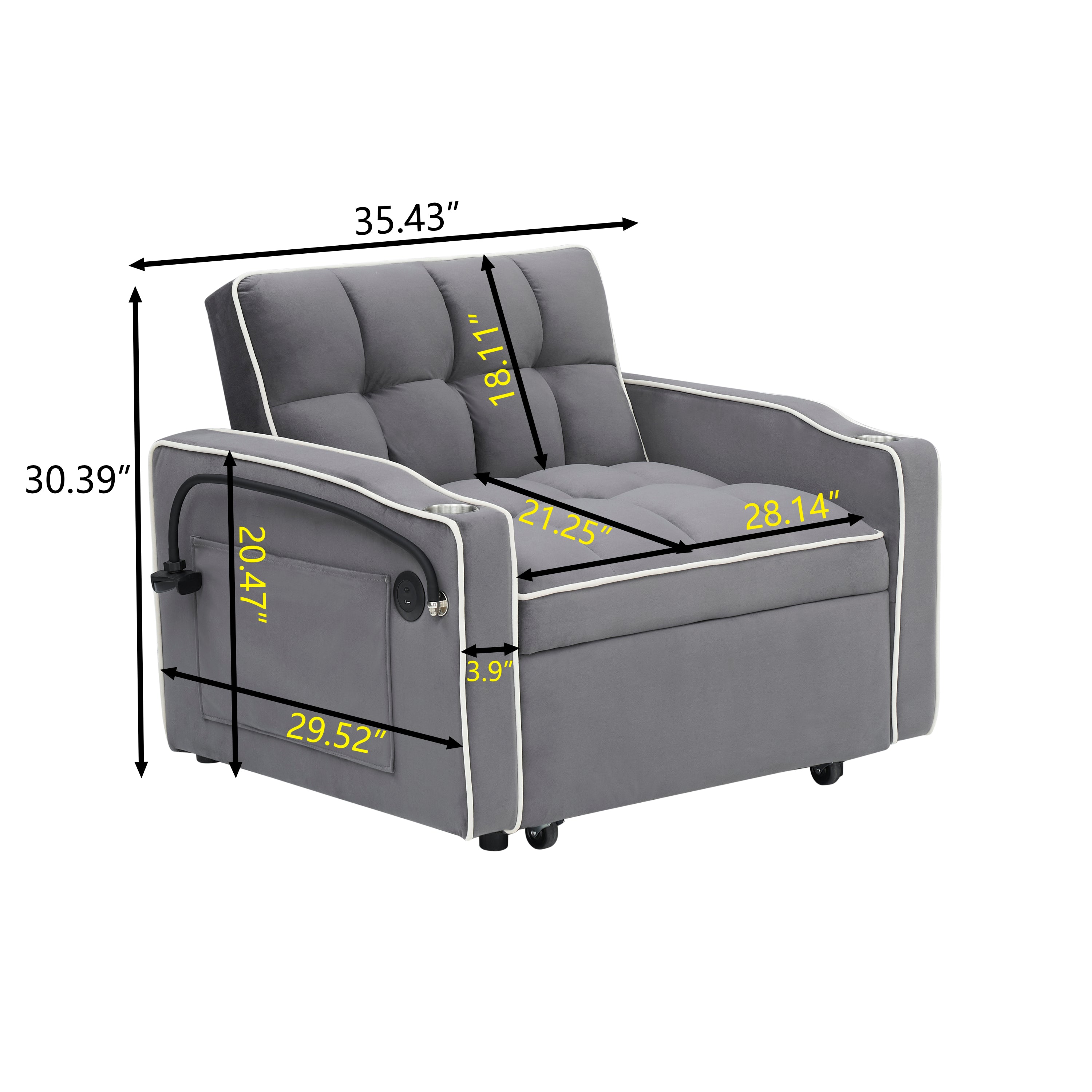 1 versatile foldable sofa bed in 3 lengths, modern sofa sofa sofa velvet pull-out bed, adjustable back and with USB port and ashtray and swivel phone stand dark grey