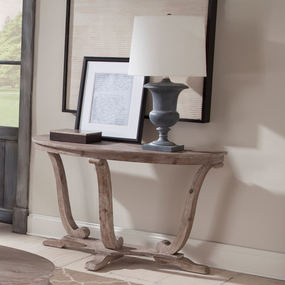 Greystone Mill Sofa Table in Stone White Wash w/ Wirebrush Distressing