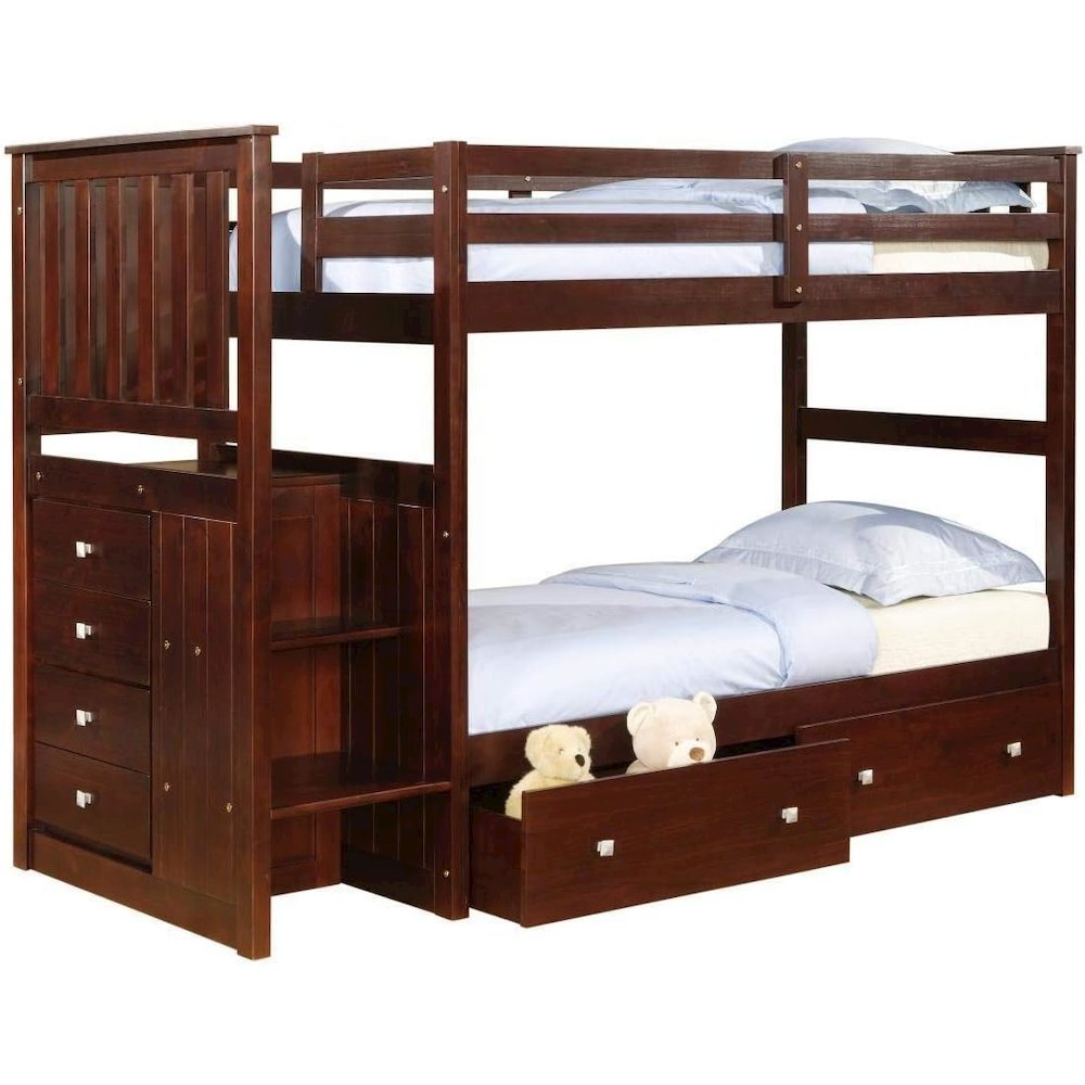 Twin/Twin Mission Stairway Bunk Bed W/Dual Under Bed Drawers