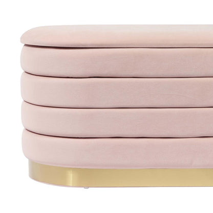 Pink velvet storage bench with gold legs, spacious seat and hidden storage