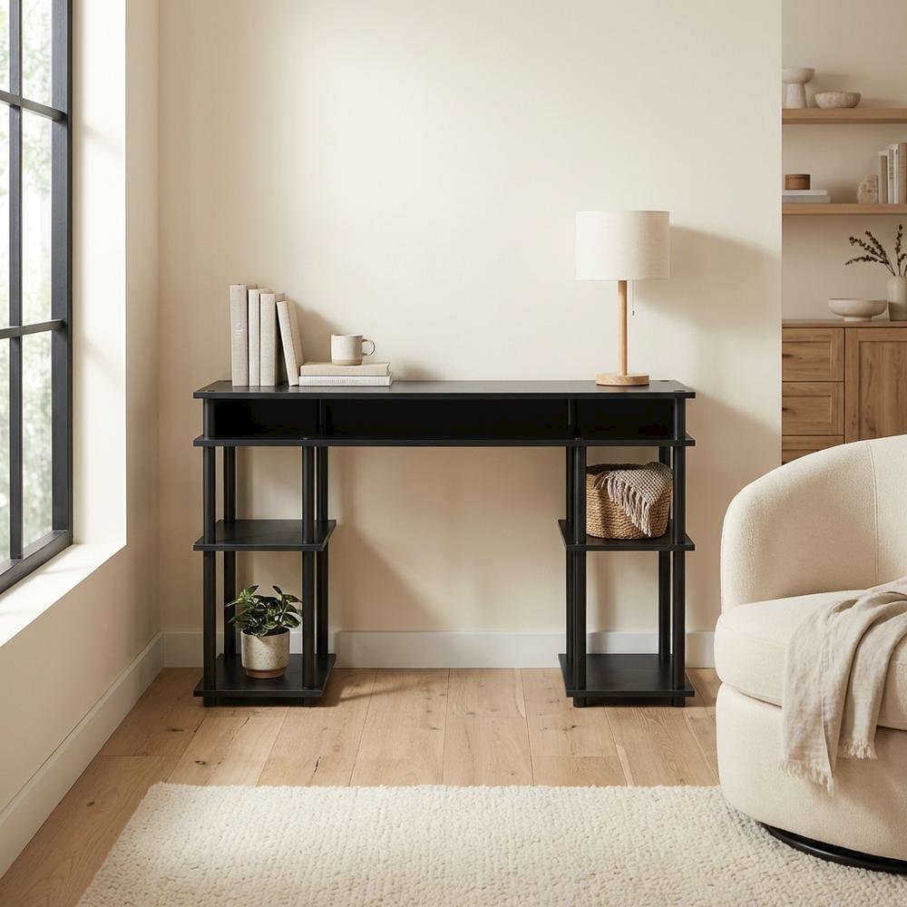 Black Student Desk, Shelves With Melamine Surface, Stainless Steel Accents
