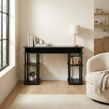 Black Student Desk, Shelves With Melamine Surface, Stainless Steel Accents