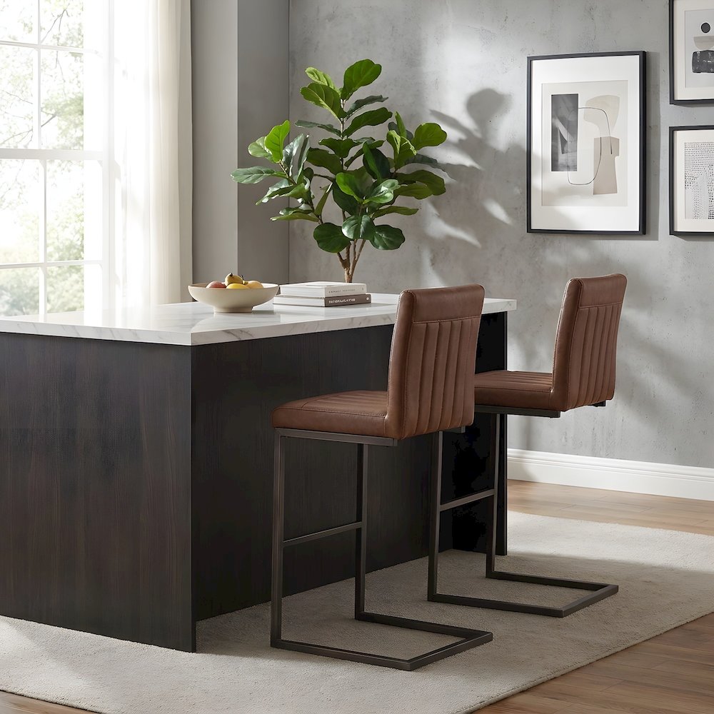 PU-Upholstered Bar Stools with Channel-Tufted Seat, Cigar Brown, Set of 2