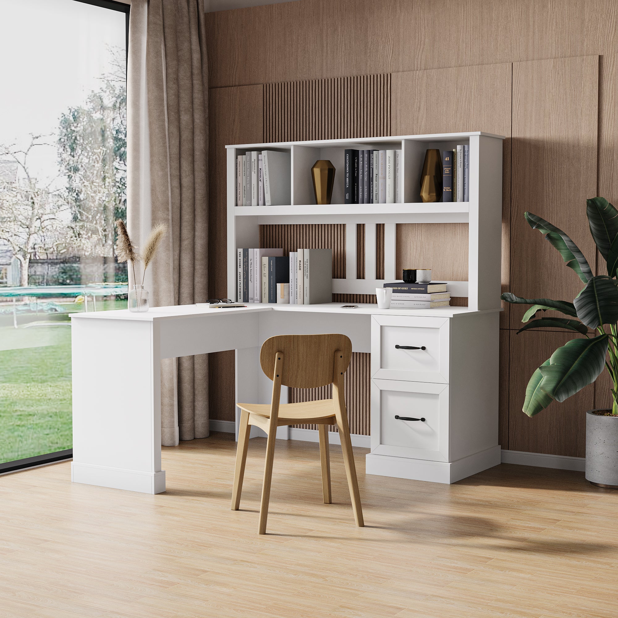 Home Office Computer Desk with Hutch, Antiqued White finish