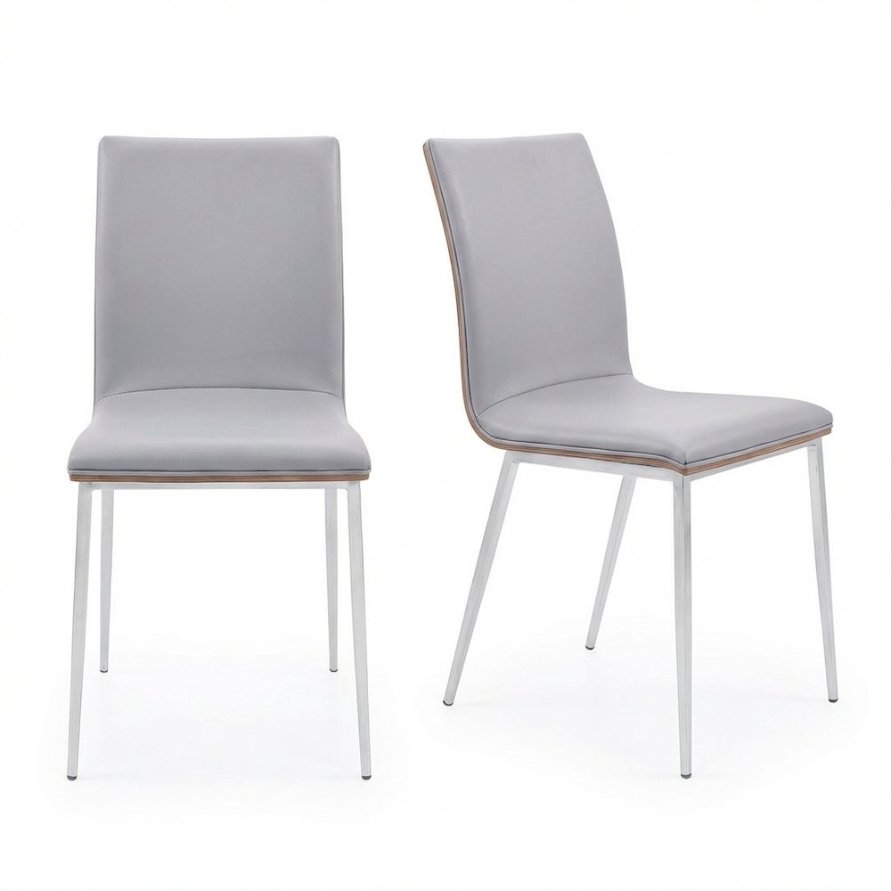 Stainless Steel Dining Chairs with Grey Faux Leather and Walnut Back, Set of 2