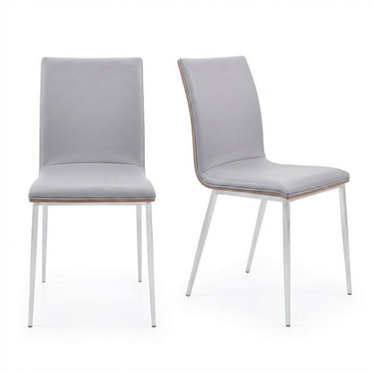Stainless Steel Dining Chairs with Grey Faux Leather and Walnut Back, Set of 2