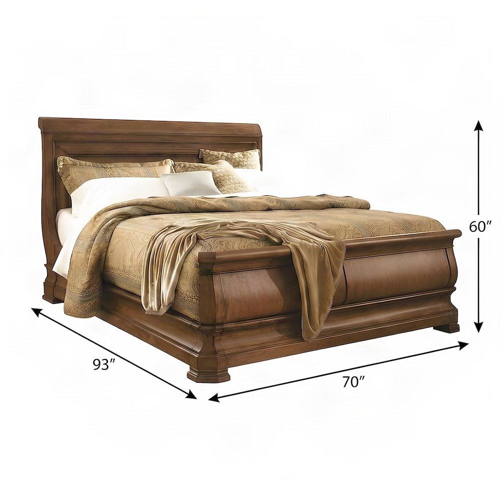 Alder Solids Sleigh Bed Queen Frame with Headboard, Distressed Finish, Cognac