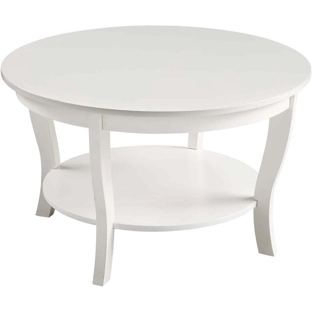 White Round Coffee Table with Shelf, MDF and Solid Rubberwood Construction