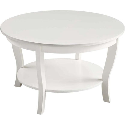 White Round Coffee Table with Shelf, MDF and Solid Rubberwood Construction