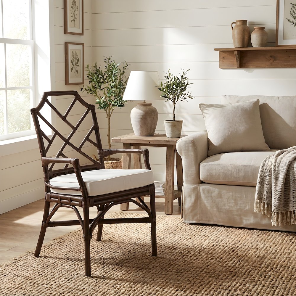 Fabric Upholstered Rattan Armchair with Chippendale Shield Back, Paloma Brown