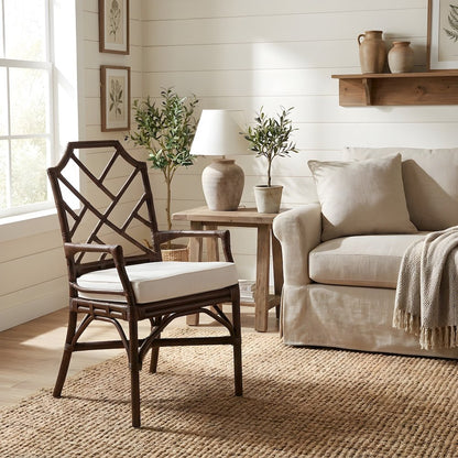 Fabric Upholstered Rattan Armchair with Chippendale Shield Back, Paloma Brown