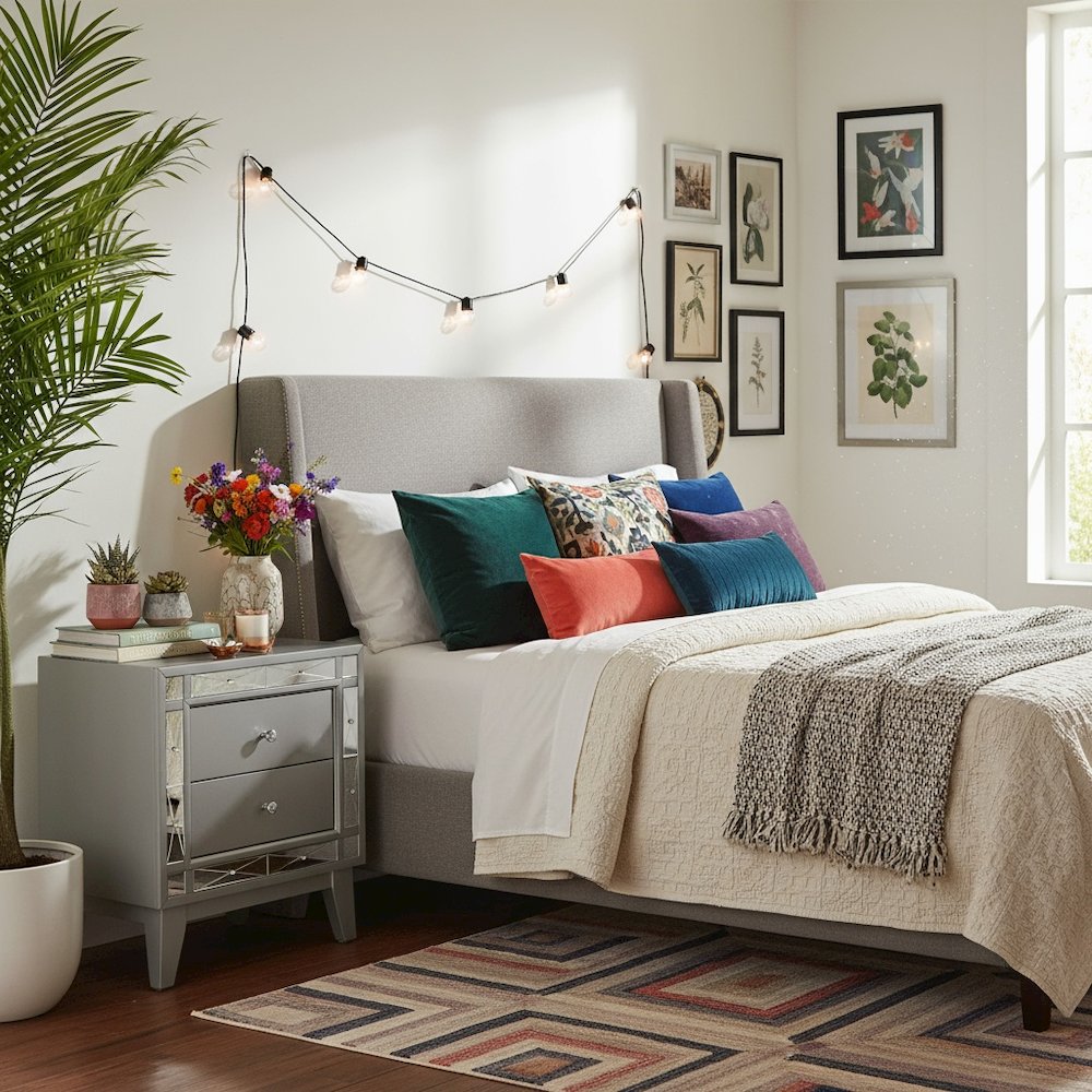 Gray Nightstand with Two Storage Drawers, Wood Bedroom Furniture, Modern Accent