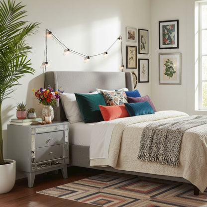 Gray Nightstand with Two Storage Drawers, Wood Bedroom Furniture, Modern Accent