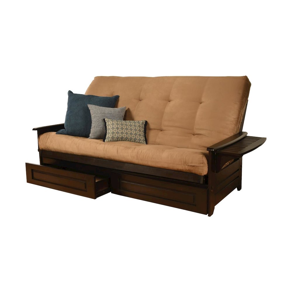 Phoenix Frame Queen-Espresso Finish-Suede Peat Mattress-Storage Drawers