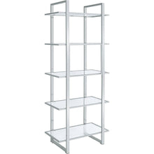 Sleek Five-Tier Bookcase with Glass Shelves and Polished Chrome Frame