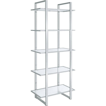 Sleek Five-Tier Bookcase with Glass Shelves and Polished Chrome Frame