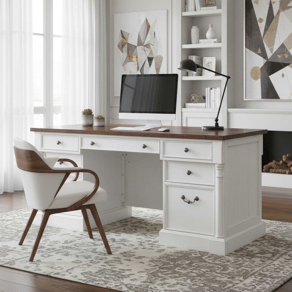 Rustic Wood Double Pedestal Executive Desk, 7 Drawers, White/Cherry