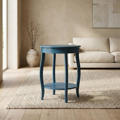 Teal Round Coffee Table with Lower Shelf and Modern Design