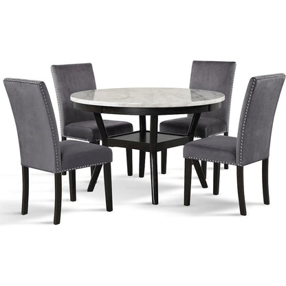 Elegant 5-Piece Faux Marble Round Dining Set with 4 Chairs in Gray