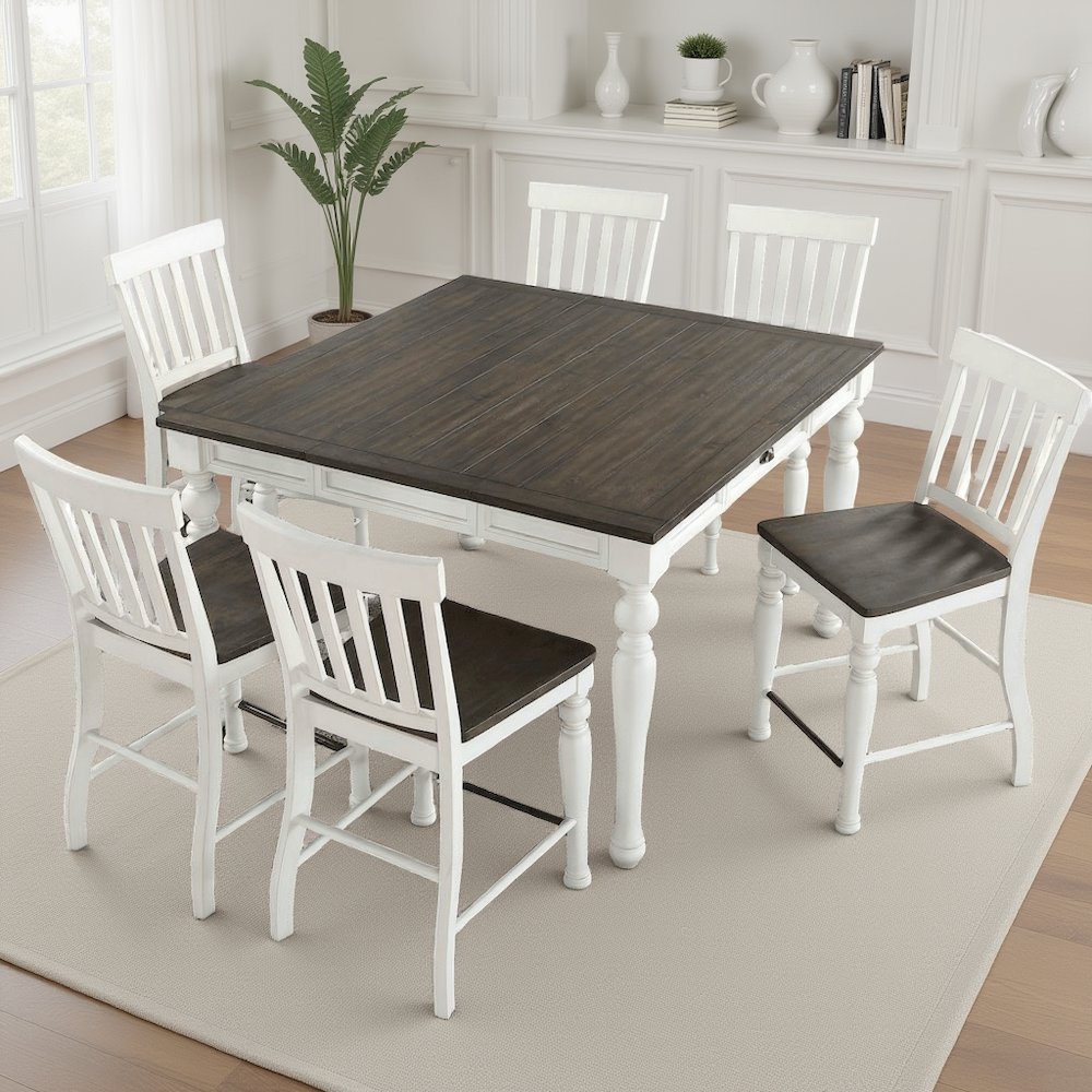 Ivory and Dark Oak Counter Height Dining Table with Chairs – Farmhouse Set for 8