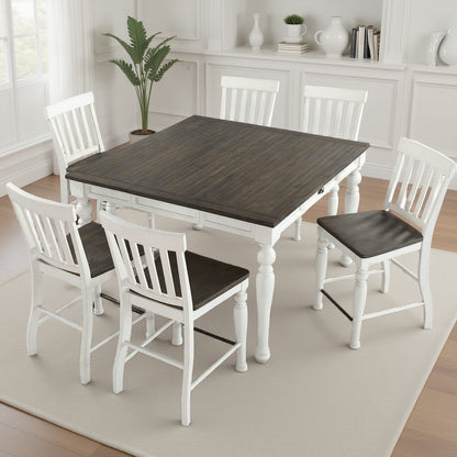 Ivory and Dark Oak Counter Height Dining Table with Chairs – Farmhouse Set for 8