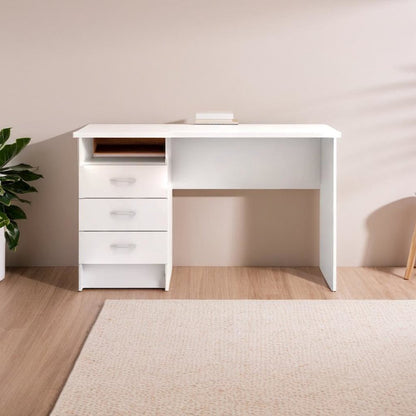 Sleek White Computer Desk with Three Drawers and Open Shelf for Storage