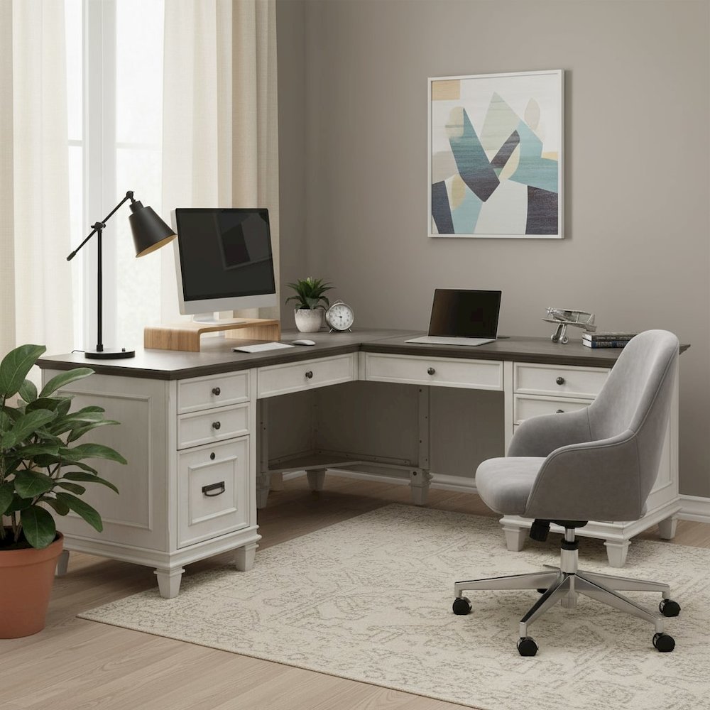 Wood L-Desk & Return, 8 Drawers, 2 Locking Files, Power Center, White